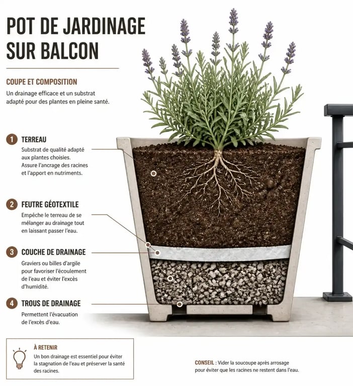Schéma technique d'un potager sur balcon avec drainage et substrat