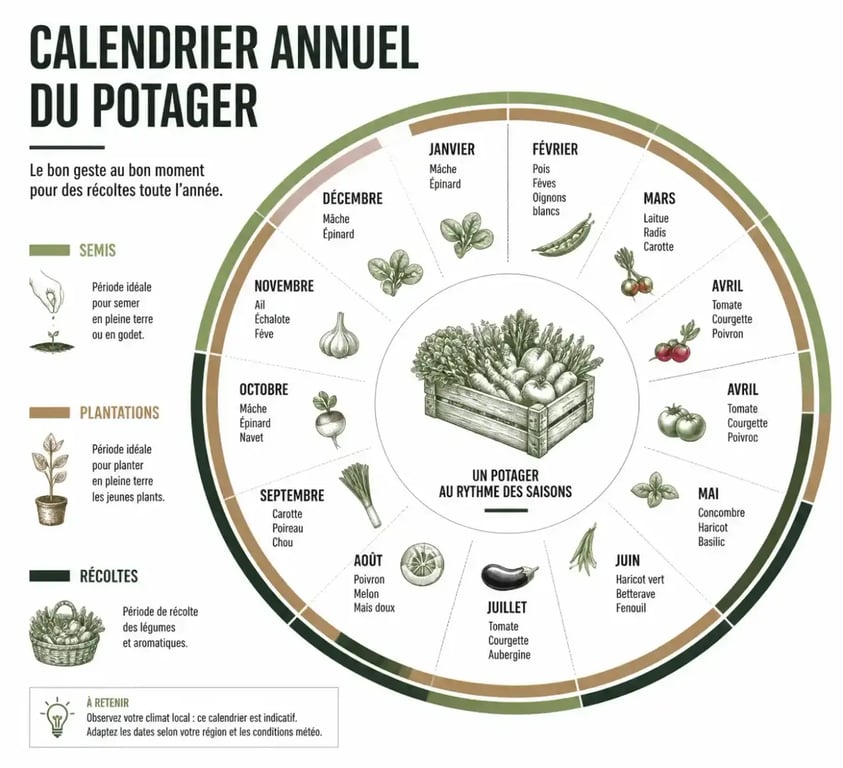 Calendrier du potager mois par mois pour organiser ses semis, plantations et récoltes au jardin.
