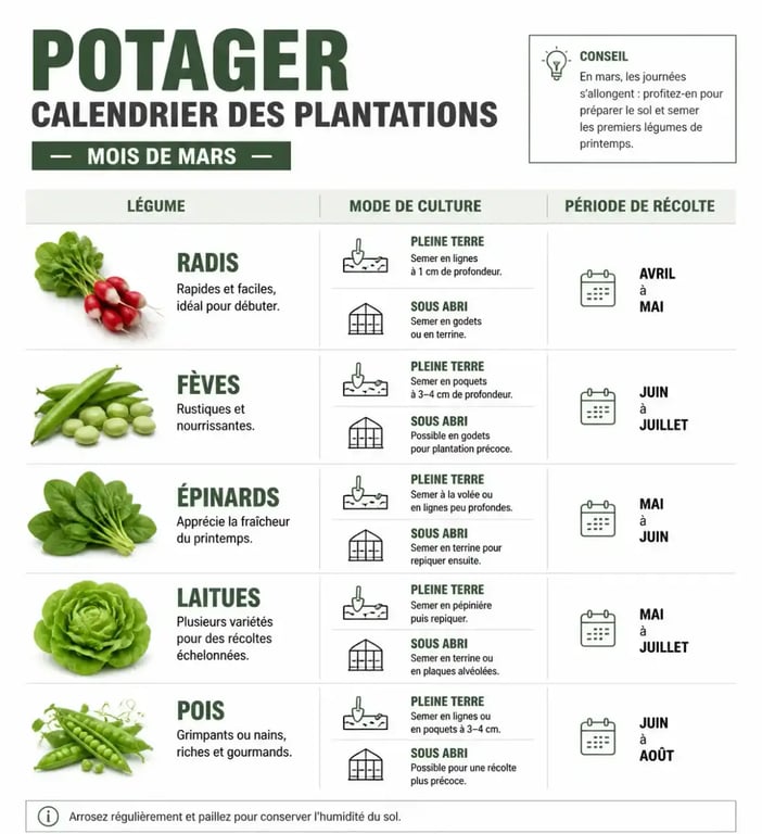 Calendrier des plantations au potager en mars : que planter et semer pour réussir ses récoltes