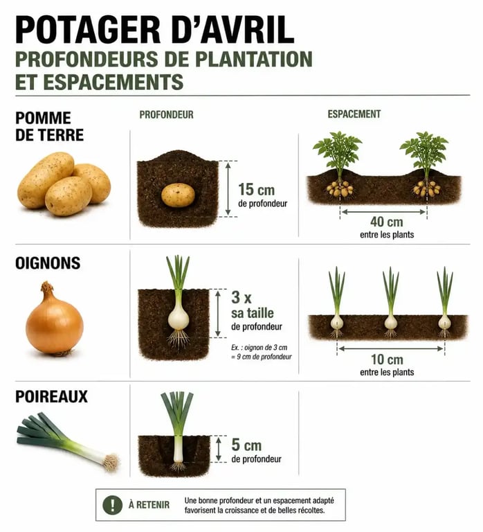 Guide visuel des profondeurs de plantation et espacements pour réussir son potager en avril