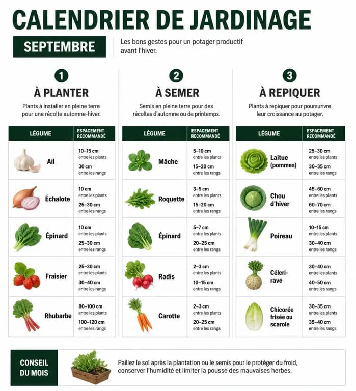 Calendrier des plantations et semis au potager en septembre : légumes à planter et espacements