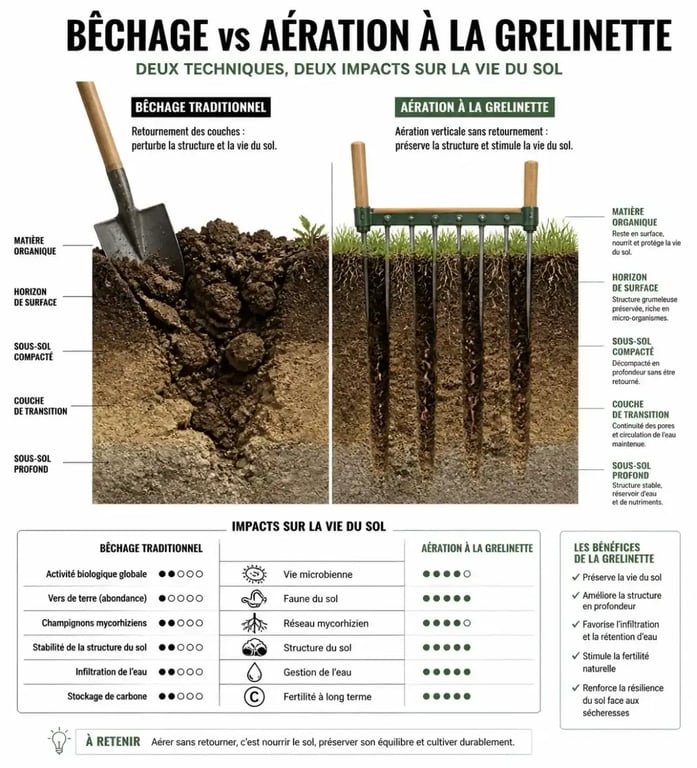 Infographie comparant les effets du bêchage et de l'aération sur la structure du sol du potager