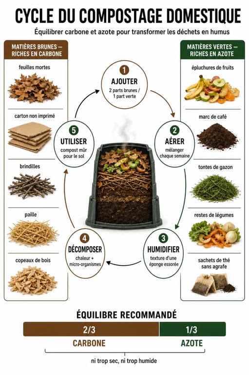 Infographie sur le compostage domestique : équilibre entre matières vertes et matières brunes pour réussir son compost