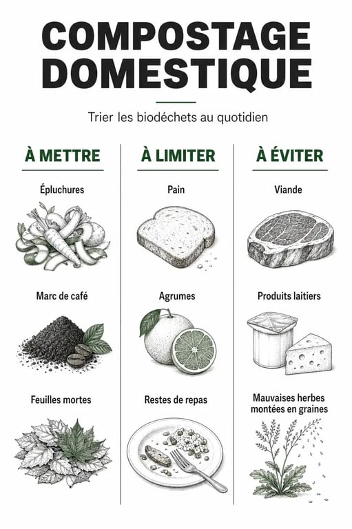 Infographie récapitulative des déchets à mettre, limiter ou éviter dans le compost pour réussir son compostage domestique.