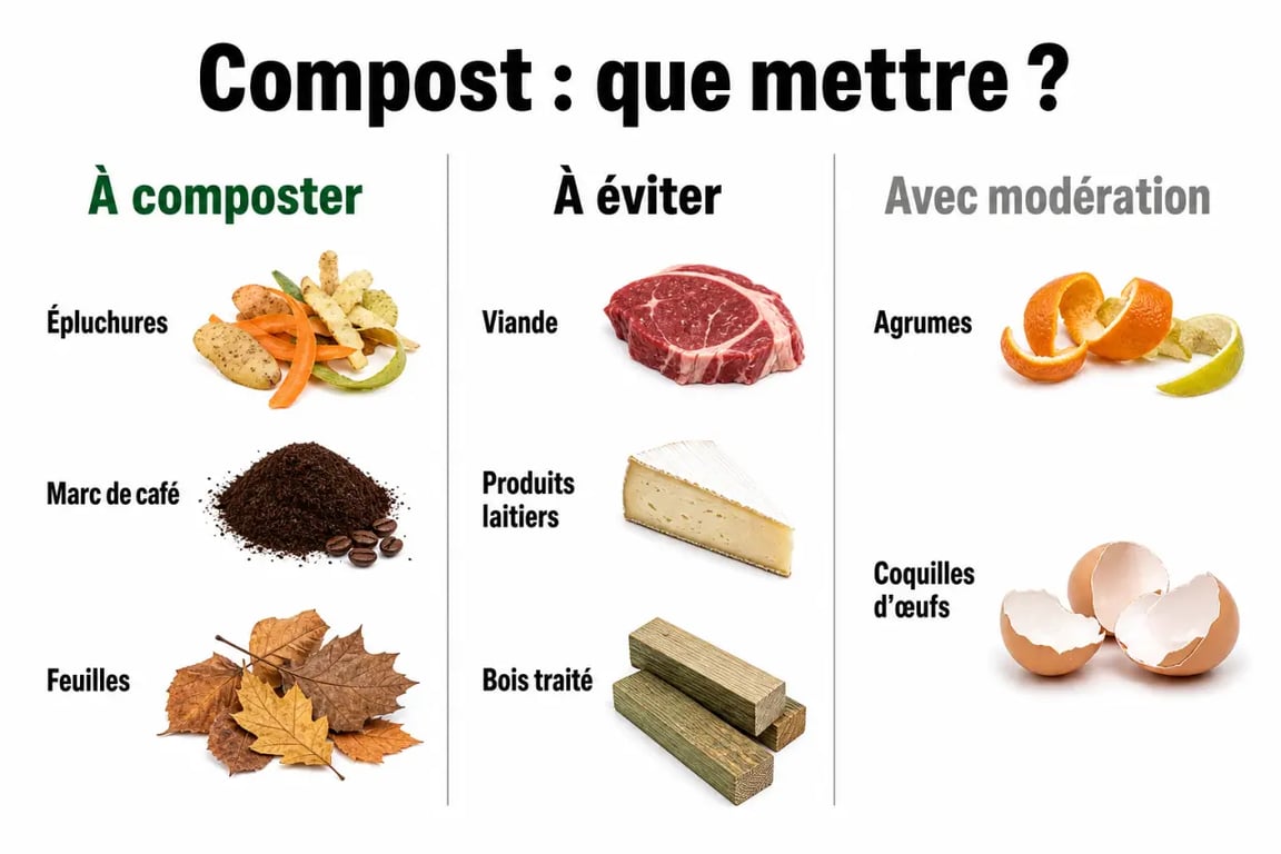 Infographie récapitulative des déchets à mettre ou ne pas mettre dans le compost pour réussir son compostage domestique.