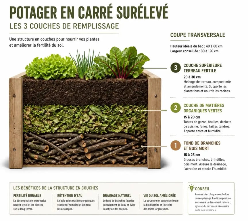 Schéma des couches de remplissage pour un potager en carré surélevé