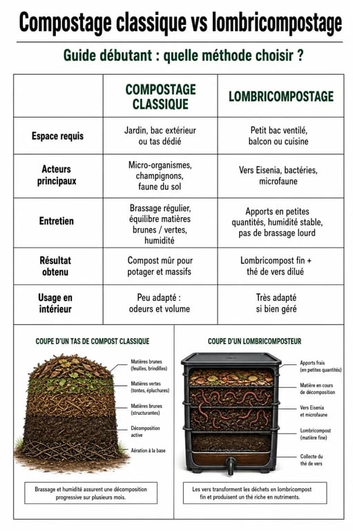 Infographie comparative : compostage classique vs lombricompostage pour débutant