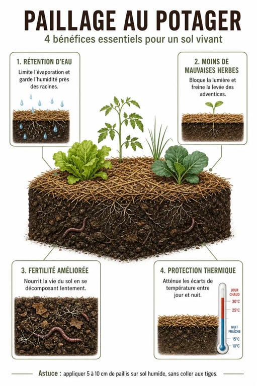 Infographie illustrant les bénéfices du paillage au potager pour la santé du sol et la croissance des légumes