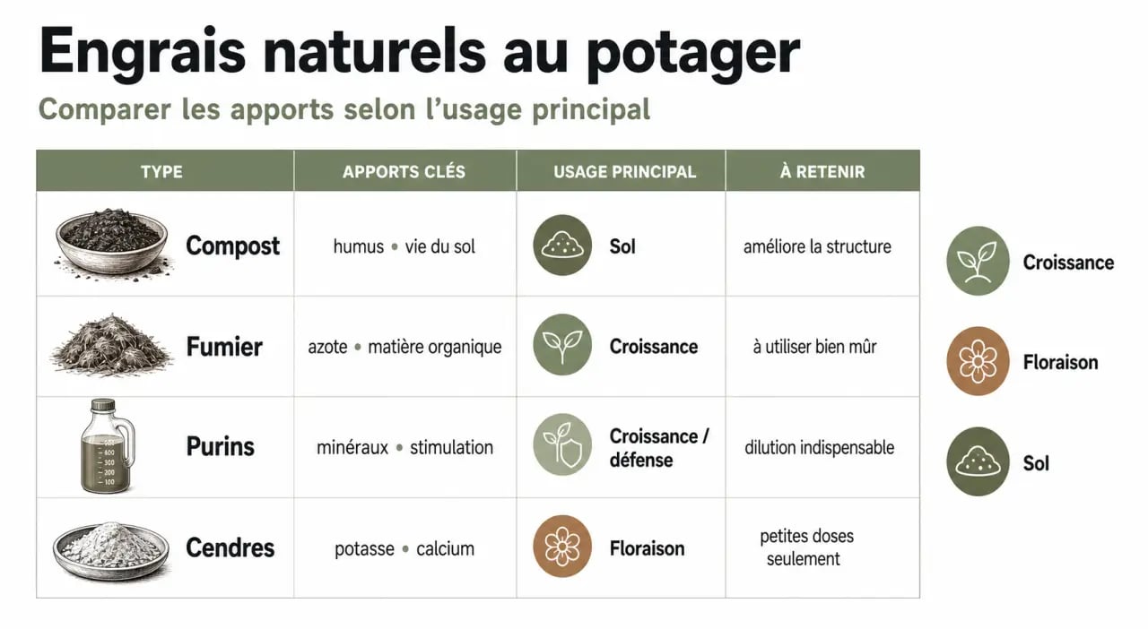 Infographie comparative des engrais naturels pour le potager : compost, fumier, purins et cendres pour une fertilisation biologique.