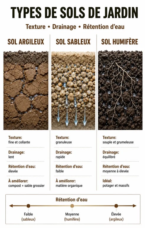 Infographie comparative des types de sols pour améliorer la terre de son jardin