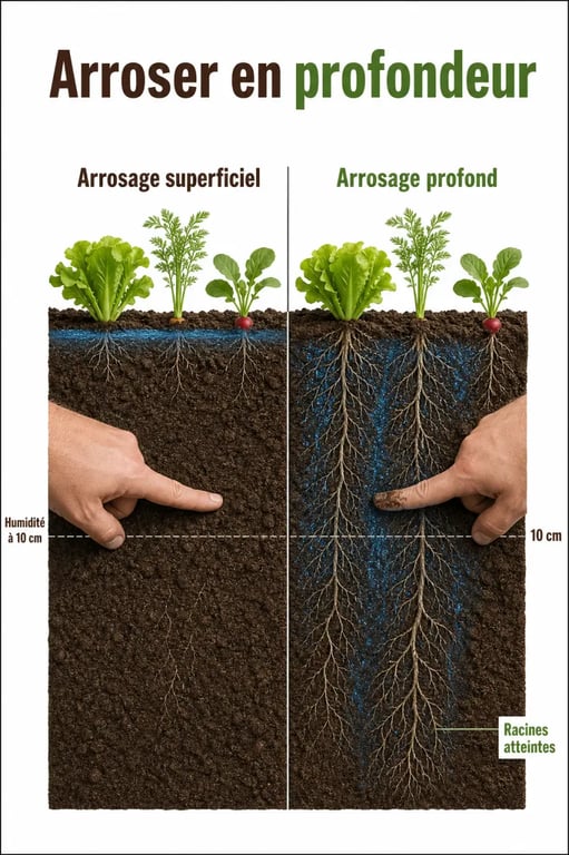 Schéma explicatif sur comment bien arroser son potager en profondeur