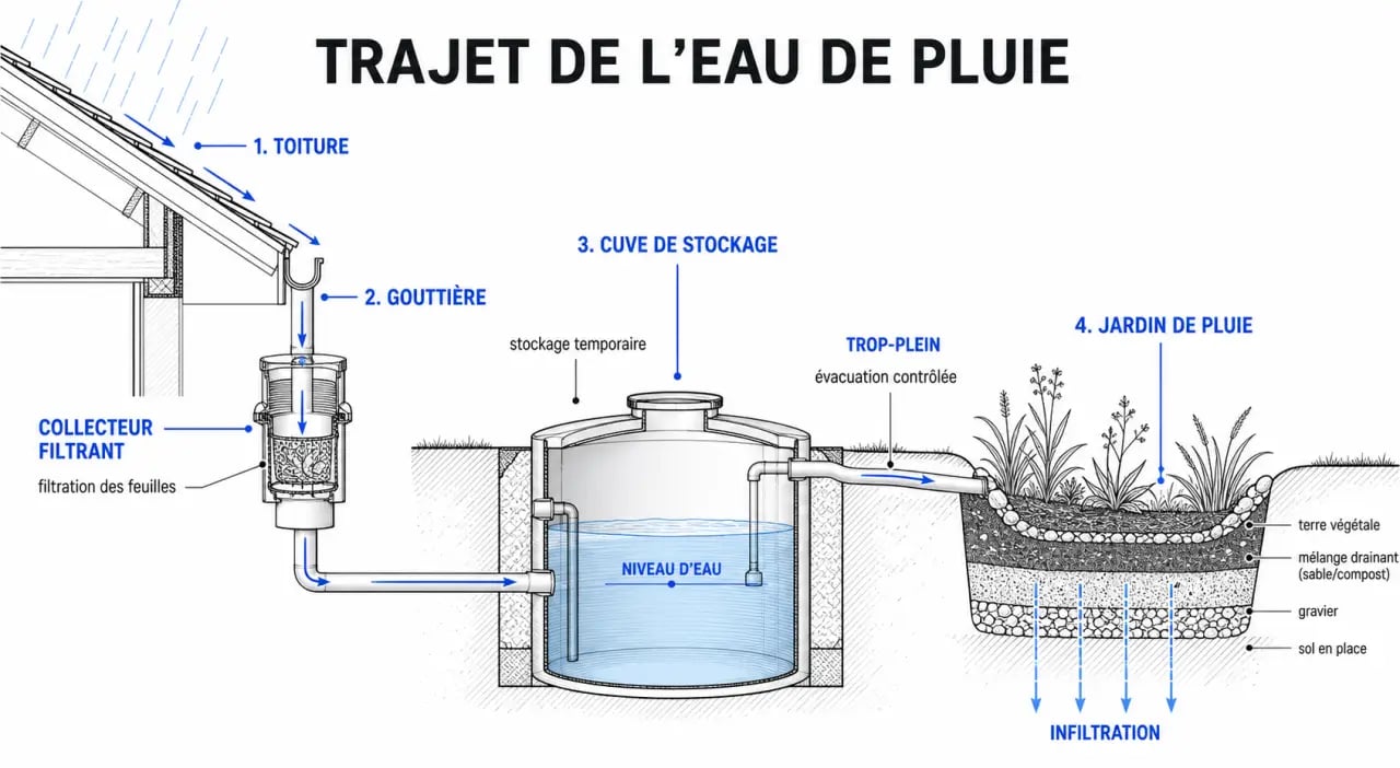 Schéma explicatif du fonctionnement d'un système pour récupérer l'eau de pluie au jardin