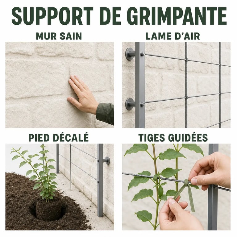 Faire grimper des plantes sur un mur avec treillis, câbles et plantation décalée pour protéger la façade