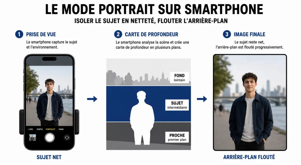 Schéma expliquant comment fonctionne le mode portrait avec sujet net, carte de profondeur et arrière-plan flou