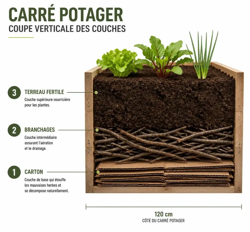 Schéma des trois couches de fond pour un carré potager : carton, branchages et terreau pour réussir son carré potager
