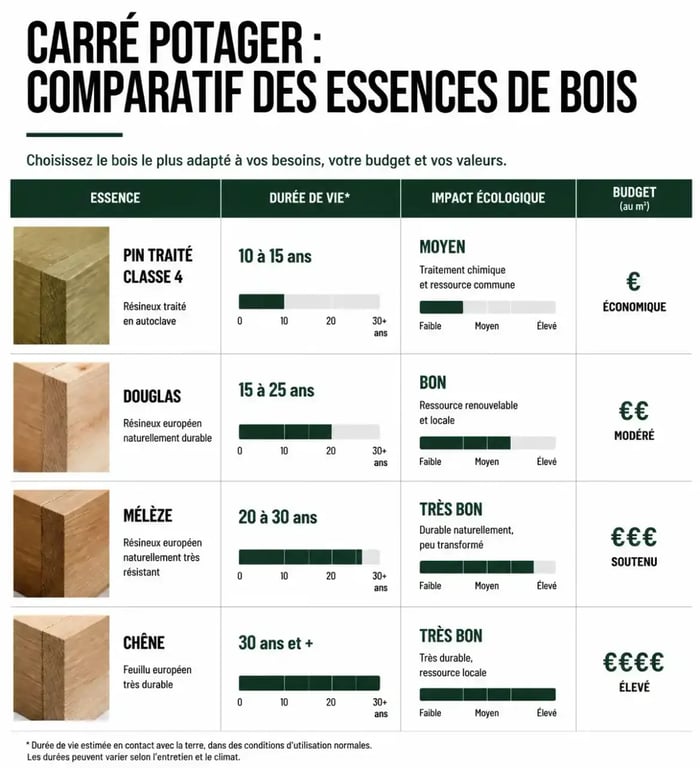 Tableau comparatif des essences de bois pour la construction d'un carré potager durable