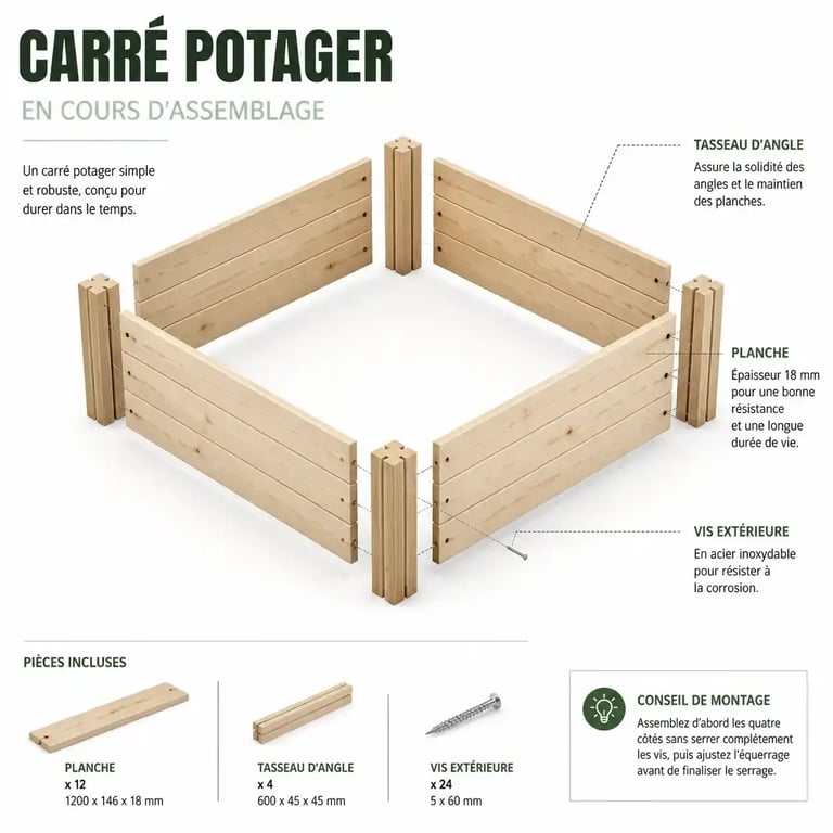 Illustration étape par étape pour fabriquer un carré potager soi-même en bois