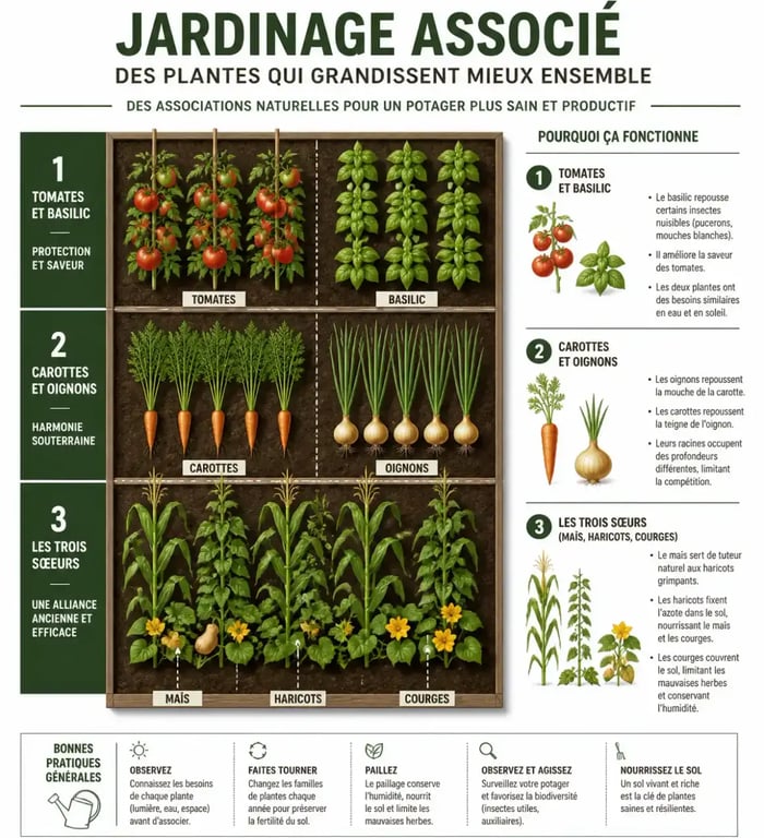 Schéma d'association de plantes au potager pour une culture biologique et productive