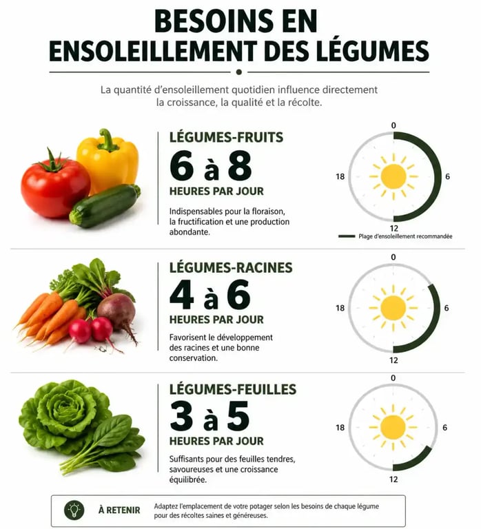 Infographie des besoins en ensoleillement pour réussir son potager selon l'exposition et le type de légume