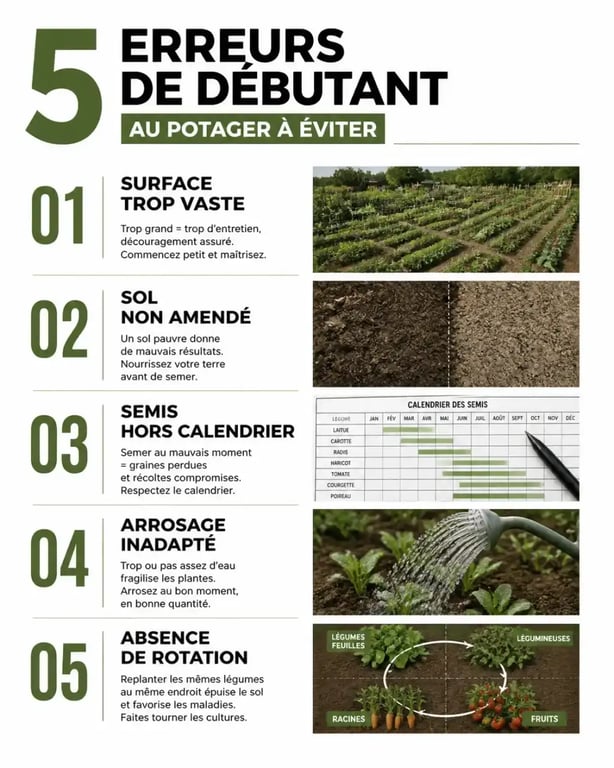 Infographie des erreurs de débutant au potager à éviter pour réussir ses récoltes