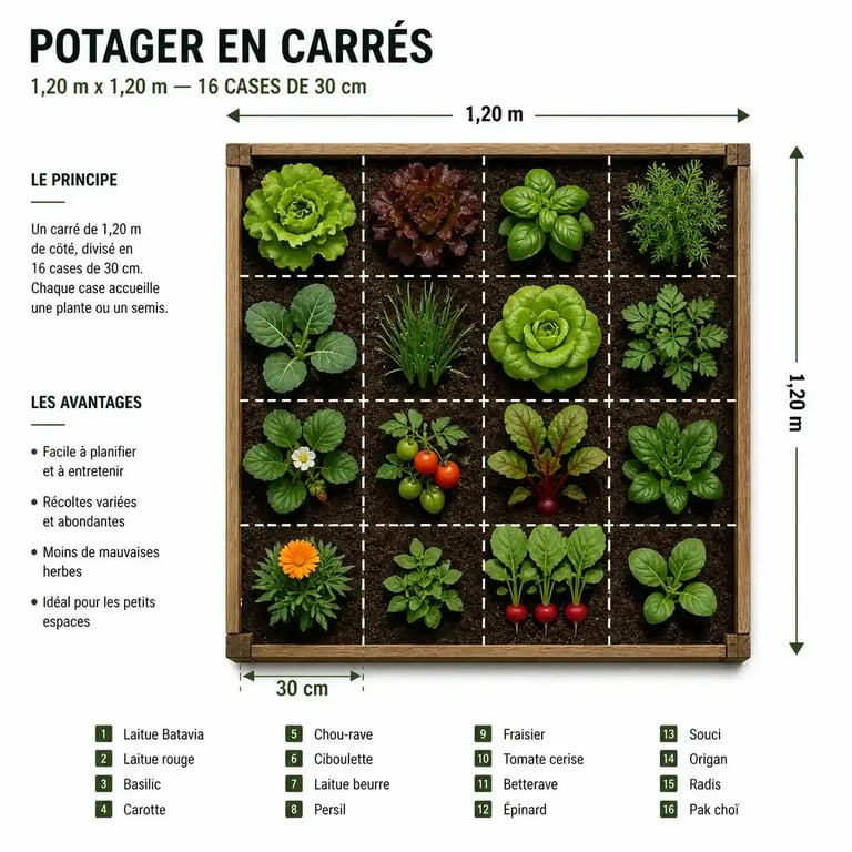 Schéma d'un potager en carrés pour débuter son potager facilement